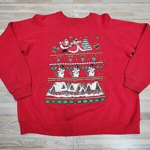 Vintage Women Christmas Sweatshirt Red Sparkly Alpine Santa Sweater Size Medium